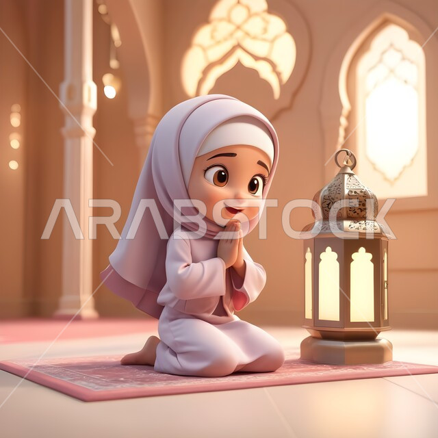 الخشوع والطلب من الله، رسوم كرتونية ثلاثية الابعاد لفتاة عربية خليجية سعودية محجبة ترتدي العباءة تجلس في المسجد امام فانوس معدني مضيء ترفع يديها بإيماءات الدعاء، الاجتهاد في العباده والتقرب الى رب العالمين في شهر رمضان المبارك