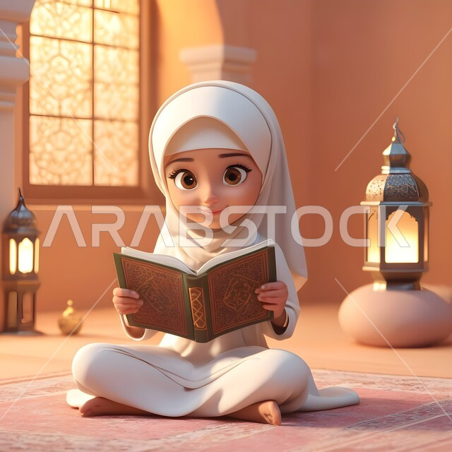تلاوة وحفظ كتاب الله، رسوم كرتونية ثلاثية الابعاد لفتاة عربية خليجية سعودية محجبة ترتدي العباءة تجلس في المسجد امام فانوس معدني مضيء تمسك بيدها القرآن الكريم، الاجتهاد في العباده والتقرب الى رب العالمين في شهر رمضان المبارك