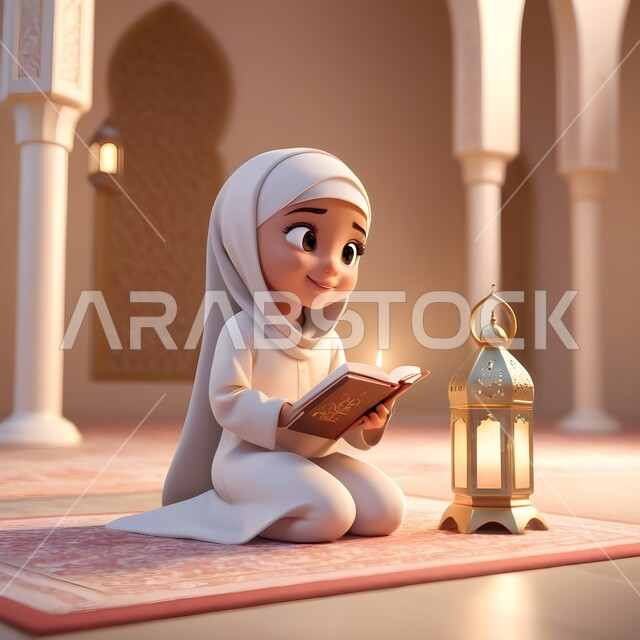 تلاوة وحفظ كتاب الله، رسوم كرتونية ثلاثية الابعاد لفتاة عربية خليجية سعودية محجبة ترتدي العباءة تجلس في المسجد امام فانوس معدني مضيء تمسك بيدها القرآن الكريم، الاجتهاد في العباده والتقرب الى رب العالمين في شهر رمضان المبارك