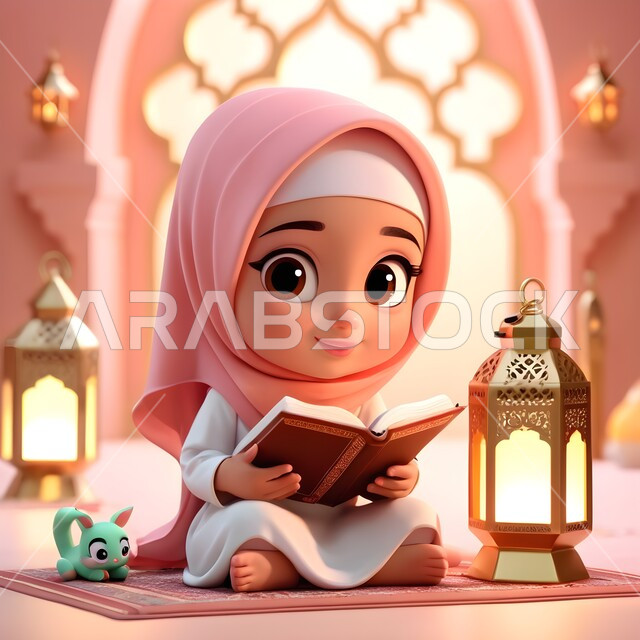تلاوة وحفظ كتاب الله، رسوم كرتونية ثلاثية الابعاد لفتاة عربية خليجية سعودية محجبة ترتدي العباءة تجلس في المسجد امام فانوس معدني مضيء تمسك بيدها القرآن الكريم تنظر الى الكاميرا بإيماءات السرور، الاجتهاد في العباده والتقرب الى رب العالمين في شهر رمضان المبارك
