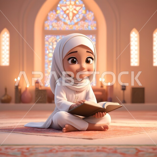 تلاوة وحفظ كتاب الله، رسوم كرتونية ثلاثية الابعاد لفتاة عربية خليجية سعودية محجبة ترتدي العباءة تجلس في المسجد تمسك بيدها القرآن الكريم تنظر الى الكاميرا بإيماءات السرور، الاجتهاد في العباده والتقرب الى رب العالمين في شهر رمضان المبارك