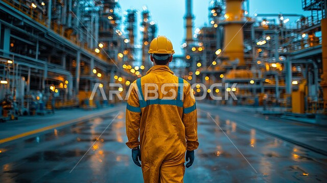 الاشراف والتدقيق في المعامل الصناعية، جودة الإنتاج والتصنيع, صورة مقربة من الخلف لمهندس عربي خليجي سعودي يرتدي السترة وخوذة الحماية يتجول في المصنع, مهن ووظائف شبابية في المملكة العربية السعودية، العمل في المجال الصناعي