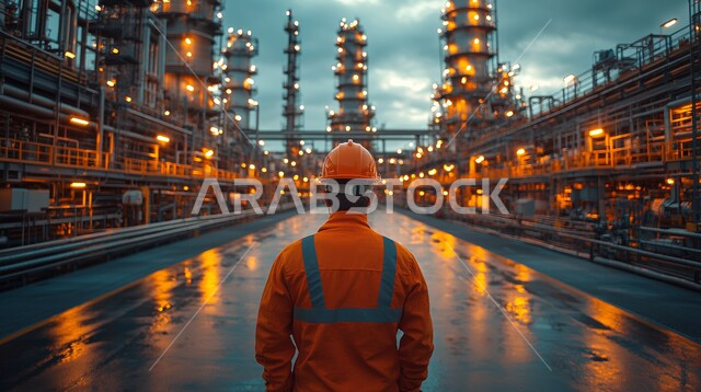 العمل في المجال الصناعي, صورة مقربة من الخلف لمهندس عربي خليجي سعودي يرتدي السترة وخوذة الحماية يتجول في المصنع, االاشراف والتدقيق في المعامل الصناعية، جودة الإنتاج والتصنيع, مهن ووظائف شبابية في المملكة الغربية السعودية