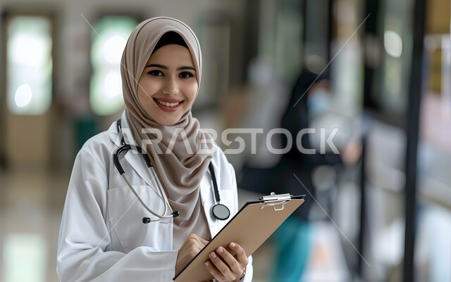 الفحص الطبي وتقديم الخدمات العلاجية والاستشارية للمرضى، صورة مقربة لطبيبة عربية خليجية سعودية محجبة مبتسمة ترتدي المعطف الطبي وتضع سماعة الفحص تنظر الى الكاميرا بإيماءات السرور والثقة بالنفس، عمل النساء في مجال الطب وقطاع الصحة
