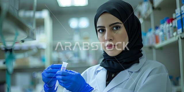 استعمال الأنابيب الزجاجية المعقمة لتحليل العينات المختلفة، مختبرات الفحوصات الطبية والتحاليل الكيمائية، صورة مقربة لفتاة مخبرية عربية خليجية سعودية ترتدي المعطف الطبي تقوم بإجراء التجارب والبحوث العلمية تنظر الى الكاميرا بإيماءات التركيز، معمل الصناعات الدوائية
