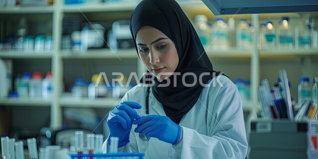 استعمال الأنابيب الزجاجية المعقمة لتحليل العينات المختلفة، مختبرات الفحوصات الطبية والتحاليل الكيمائية، صورة مقربة لفتاة مخبرية عربية خليجية سعودية ترتدي المعطف الطبي تقوم بإجراء التجارب والبحوث العلمية بإيماءات التركيز، معمل الصناعات الدوائية