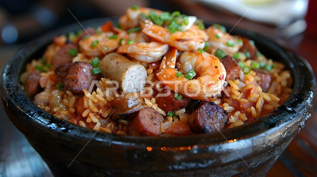 كبسة القريدس مع السجق الشهي، طبق من الأرز بالروبيان، مأكولات بحرية لذيذة، أطباق شعبية سعودية، مطابخ ومطاعم في المملكة، الأساليب الفنية في تقديم الطعام