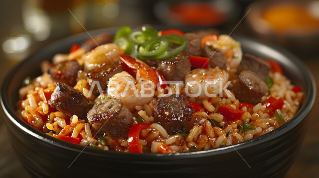 طبق من الأرز بالروبيان، كبسة القريدس مع السجق الشهي، مأكولات بحرية لذيذة، أطباق شعبية سعودية، مطابخ ومطاعم في المملكة، الأساليب الفنية في تقديم الطعام