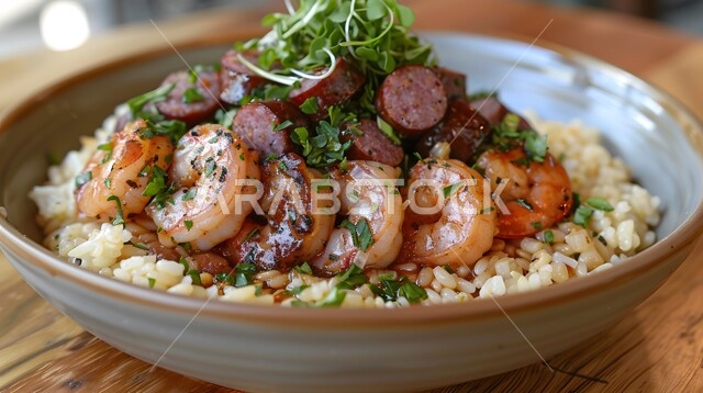 طبق من الأرز بالروبيان، كبسة القريدس مع السجق الشهي، مأكولات بحرية لذيذة، أطباق شعبية سعودية، مطابخ ومطاعم في المملكة، الأساليب الفنية في تقديم الطعام