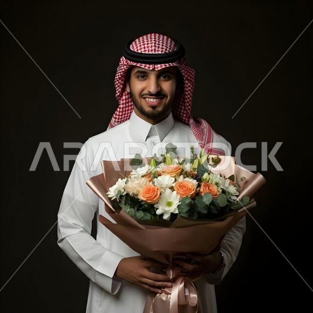 تقديم الأزهار في المناسبات, الاهتمام بالأناقة و المظهر الخارجي, بورتريه لرجل عربي خليجي إماراتي يرتدي الكندورة والشماغ يحمل بيده باقة ورود وينظر إلى الكاميرا بإيماءات السعادة و السرور، خلفية سوداء