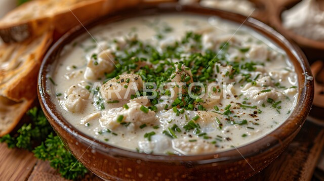 Food presentation techniques, close-up of a creamy soup with delicious seafood, Saudi cuisine, a bowl of delicious appetizers