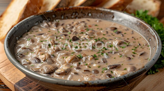 Food presentation techniques, close-up of a bowl of creamy clam chowder with fresh parsley, Saudi Asian cuisine, a bowl of delicious appetizers, delicious seafood