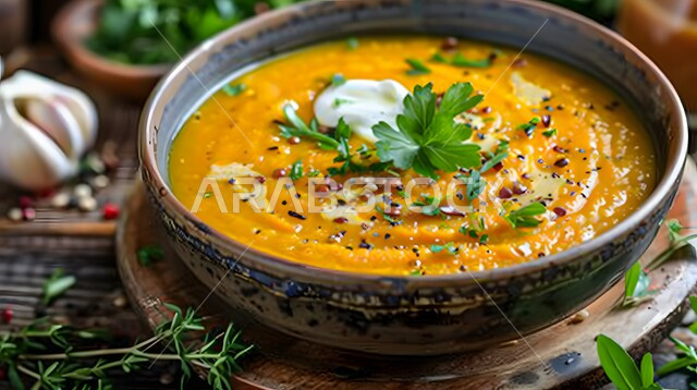أكلات وأطباق شعبية تقليدية، مطاعم ومطابخ المملكة العربية السعودية، وصفات الطعام الآسيوية, شوربة اليقطين الكريمية بالكاري مع البقدونس والبذور, المقبلات الساخنة الشهية، المأكولات والوجبات الشرقية