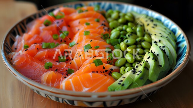 أطباق المقبلات الباردة اللذيذة, سلطات الأسماك والكائنات البحرية بالأعشاب, فنون تقديم قطع الخضروات المشكلة مع سمك السلمون، الوجبات المثالية للدايت والأنظمة الصحية, طبق من سلطة التونا بالافوكادو وبذور السمسم، وصفات الطعام الصحي الغني بالفوائد والعناصر الغذائية