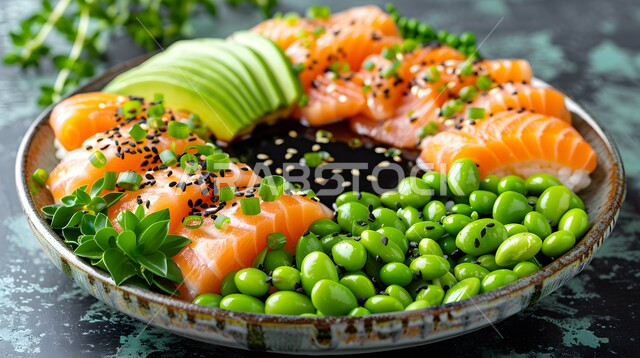 سلطات الأسماك والكائنات البحرية بالأعشاب, فنون تقديم قطع الخضروات المشكلة مع سمك السلمون، الوجبات المثالية للدايت والأنظمة الصحية, طبق من سلطة التونا بالافوكادو وبذور السمسم، وصفات الطعام الصحي الغني بالفوائد والعناصر الغذائية، أطباق المقبلات الباردة اللذيذة