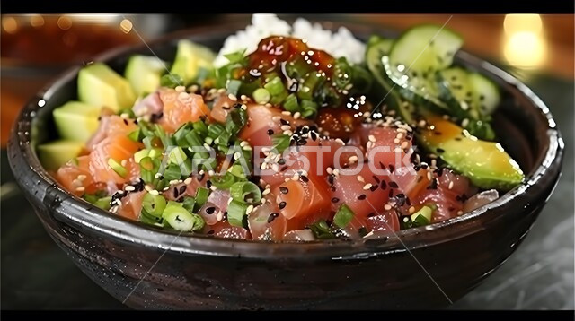  وجبات غذائية صحية، المقبلات العربية الباردة، الأساليب الفنية في تقديم الطعام في مطاعم ومطابخ السعودية، صورة مقربة لطبق بوكي بول اللذيذ مع التونة والأفوكادو والخضار الطازجة والمنعشة, مأكولات شرقية لذيذة