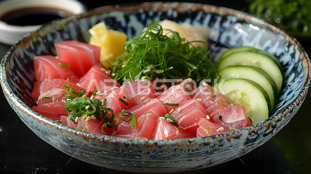 الوجبات المثالية للدايت والأنظمة الصحية، فنون تقديم قطع الخضروات المشكلة مع سمك السلمون، سلطات الأسماك والكائنات البحرية بالأعشاب، أطباق المقبلات الباردة اللذيذة، وصفات الطعام الصحي الغني بالفوائد والعناصر الغذائية، طبق من سلطة التونا بالخضار  والبصل الأخضر