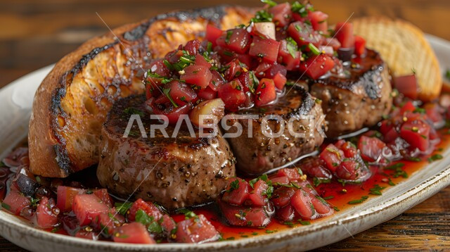 مطاعم و مطابخ المملكة العربية السعودية, فنون تقديم الأطعمة الشرقية, مأكولات صحية شهية, وصفات اللحوم الغنية بالبروتين, طبق لشريحة لحم مشوية شهية مع صلصة الطماطم الحمراء والخبز المحمص