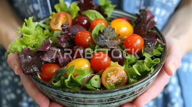 السلطات المثالية للدايت والأنظمة الصحية، فنون تقديم سلطة الخضروات المشكلة، أطباق المقبلات الباردة اللذيذة، وصفات الطعام الصحي الغني بالفوائد والعناصر الغذائية، طبق من شرائح الافوكادو بالأعشاب مع شرائح الطماطم والخس والخيار