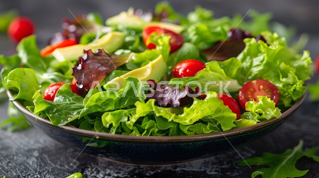 السلطات المثالية للدايت والأنظمة الصحية، فنون تقديم سلطة الخضروات المشكلة، أطباق المقبلات الباردة اللذيذة، وصفات الطعام الصحي الغني بالفوائد والعناصر الغذائية، طبق من شرائح الافوكادو بالأعشاب مع شرائح الطماطم والخس والخيار