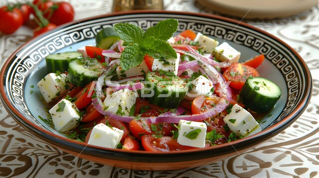 طبق من قطع الجبنة البيضاء بالأعشاب مع شرائح الطماطم والخيار, السلطات المثالية للدايت والأنظمة الصحية، فنون تقديم سلطة الخضروات المشكلة بمكعبات الجبن الطازجة، أطباق المقبلات الباردة اللذيذة، وصفات الطعام الصحي