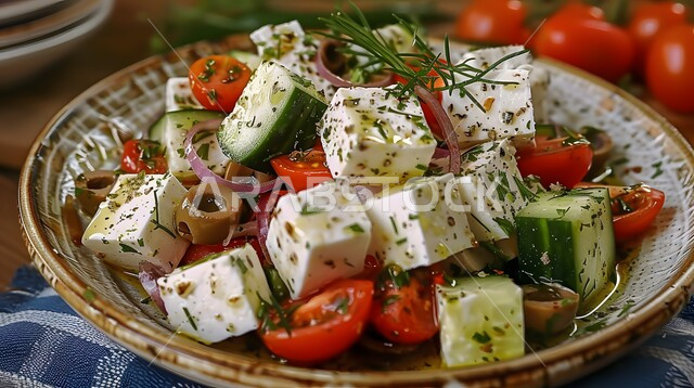طبق من قطع الجبنة البيضاء بالأعشاب مع شرائح الطماطم والخيار, السلطات المثالية للدايت والأنظمة الصحية، فنون تقديم سلطة الخضروات المشكلة بمكعبات الجبن الطازجة، أطباق المقبلات الباردة اللذيذة، وصفات الطعام الصحي