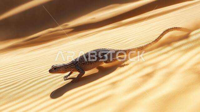 الحيوانات و الزواحف البرية التي تعيش في المناطق الصحراوية, سحلية صغيرة تسير في الصحراء, الطبيعة الرملية في الصحاري, منظر الرمال الذهبية الناعمة تحت أشعة الشمس
