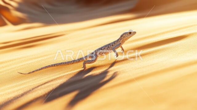الحيوانات و الزواحف البرية التي تعيش في المناطق الصحراوية, سحلية صغيرة تسير في الصحراء, الطبيعة الرملية في الصحاري, منظر الرمال الذهبية الناعمة تحت أشعة الشمس