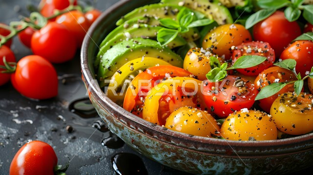 أطباق المقبلات العربية والمأكولات الشرقية, سلطة الأفوكادو والطماطم مع صلصلة البلسميك وبذور السمسم، تقديم وجبات طعام مفيدة في المطاعم السعودية، أطعمة غنية بالفيتامينات، حمية غذائية صحية