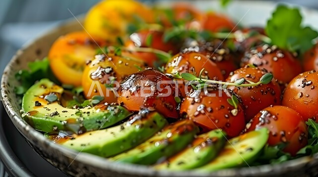 Avocado and tomato salad with balsamic dressing and sesame seeds, healthy meals served in Saudi restaurants, foods rich in vitamins, healthy diet, Arabic appetizers and oriental dishes