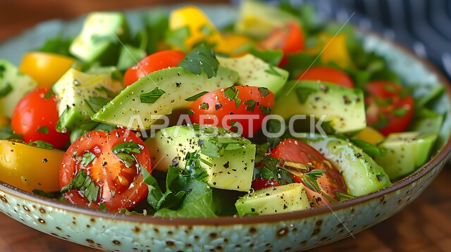 سلطة الأفوكادو والطماطم مع الأعشاب، تقديم وجبات طعام مفيدة في المطاعم السعودية، أطعمة غنية بالفيتامينات، حمية غذائية صحية، أطباق المقبلات العربية والمأكولات الشرقية