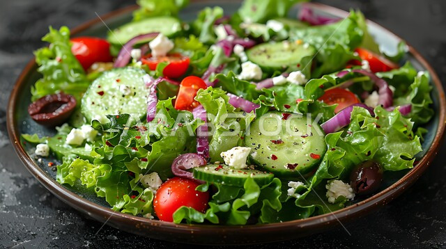 مطاعم للمأكولات الشرقية، الأساليب الفنية في تقديم الطعام، أطباق شعبية تقليدية في السعودية، طبق من سلطة بالخس والخيار والطماطم, وعاء مليء بالخضار المنعشة