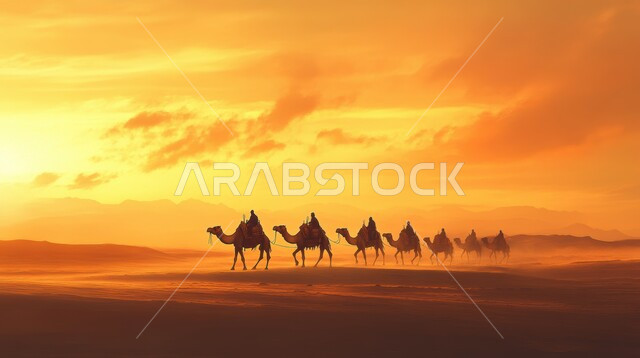 ناقة من الجمال تسير في الصحراء في وقت الغروب, تربية الابل في المناطق الصحراوية, التشكيلات و الكثبان الرملية في صحاري المملكة العربية السعودية, الحيوانات البرية في براري البادية