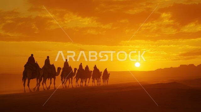 ناقة من الجمال تسير في الصحراء في وقت الغروب, تربية الابل في المناطق الصحراوية, التشكيلات و الكثبان الرملية في صحاري المملكة العربية السعودية, الحيوانات البرية في براري البادية