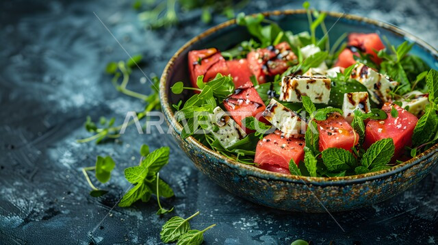 السلطات المثالية للدايت والأنظمة الصحية، فنون تقديم سلطة الخضروات المشكلة، أطباق المقبلات الباردة اللذيذة، وصفات الطعام الصحي الغني بالفوائد والعناصر الغذائية، طبق من سلطة البطيخ مع جبنة الفيتا والنعناع