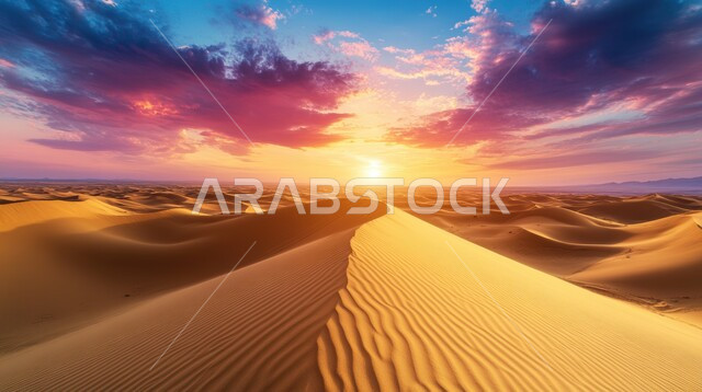 التشكيلات و التضاريس و الكثبان الرملية في الصحراء, البيئة الجافة في المناطق الصحراوية, منظر أشعة الشمس على الرمال الذهبية الناعمة, صحاري المملكة العربية السعودية