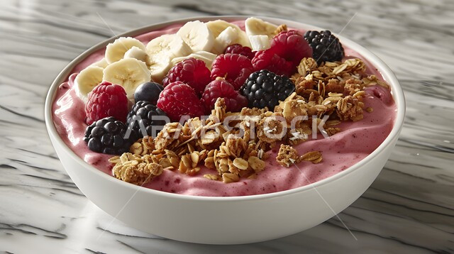 طبق حلى التوت مزين بقطع الفواكه الطازجة والشوفان والكريمة والمكسرات و الجرانولا, الاستمتاع بالسناكات المغذية والمفيدة, وجبات صحية ذات قيمة غذائية عالية، مشروبات باردة وعصائر طبيعية لذيذة