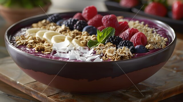 الاستمتاع بالسناكات المغذية والمفيدة, وجبات صحية ذات قيمة غذائية عالية، مشروبات باردة وعصائر طبيعية لذيذة، طبق أساي المزين بقطع الفواكه الطازجة والشوفان والكريمة والمكسرات