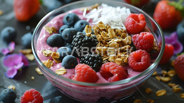 وجبات صحية ذات قيمة غذائية عالية، مشروبات باردة وعصائر طبيعية لذيذة، وعاء من خليط عصير التوت المنعش المزين بقطع الفواكه مع الجرانولا ، الاستمتاع بالسناكات المغذية والمفيدة