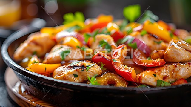 أطعمة صحية ذات قيمة غذائية عالية, وصفات طعام شهية من أطباق اللحوم الطازجة, مطاعم و مطابخ عربية خليجية سعودية, صورة مقربة لطبق من الدجاج المشوي مع الفلفل والبصل
