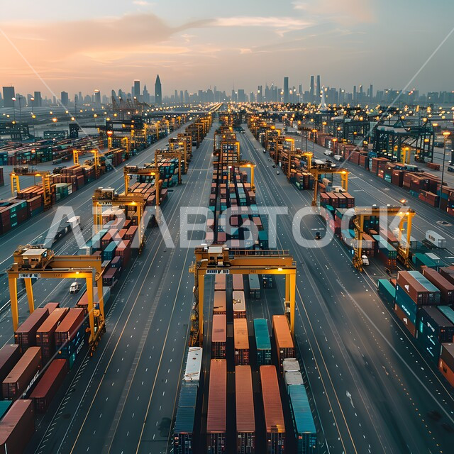 إستيراد وتصدير البضاعة في السعودية من خلال استخدام الوسائل المتطورة الحديثه، الاقتصاد البحري لنقل واستلام كونتينرات التخزين, موانئ شحن البضائع و الحاويات التجارية, صورة جوية  لميناء حاويات مزدحم عند غروب الشمس