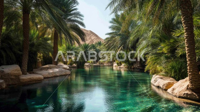 منظر انعكاس الشجر على البحيرة المائية, مزارع و حقول إنتاج التمور المثمرة, الاهتمام بالتشجير والزراعة, محاصيل زراعية محلية, أراضي و محميات طبيعية لأشجار النخيل في المملكة العربية السعودية