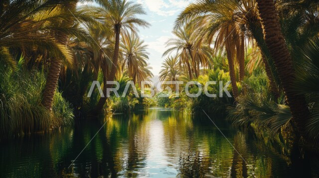 أراضي و محميات طبيعية لأشجار النخيل في المملكة العربية السعودية, منظر انعكاس الشجر على البحيرة المائية, مزارع و حقول إنتاج التمور المثمرة, الاهتمام بالتشجير والزراعة, محاصيل زراعية محلية