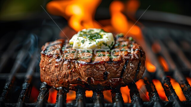 Grilled meat recipes rich in protein, the art of presenting Arabic cuisine in Saudi Arabia restaurants, a close-up of a grilled steak with butter and herbs, restaurants and oriental foods