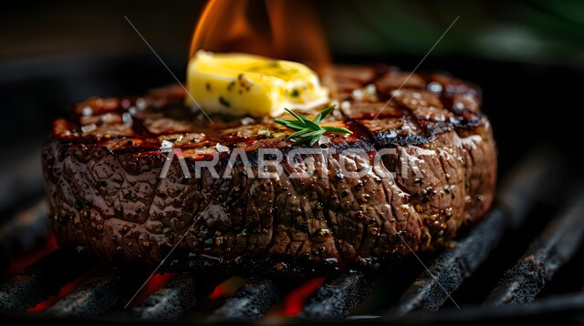 وصفات اللحوم المشوية الغنية بالبروتين ،فنون تقديم المأكولات العربية في مطاعم المملكة العربية السعودية ،صورة مقربة لشريحة لحم مشوية مع الزبدة والاعشاب ،مطاعم وأكلات شرقية