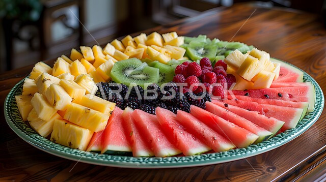 مأكولات مفيدة و صحية ، الفواكه المليئة بالفوائد والفيتامينات المغذية ، ثمار ومحاصيل زراعية وطنية محلية سعودية ،طبق من الفاكهة المتنوعة من البطيخ والتوت والأناناس والكيوي
