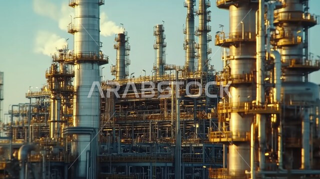 هندسات ومعدات صناعية عملاقة، مصنع تكرير النفط والغاز في المنطقة الصناعية، خطوط الأنابيب والكابلات الفولاذية، صناعات ومشاريع بيتروكيماوية، مجمع صناعي كبير به مداخن عالية تنبعث منها الأدخنة في المملكة العربية السعودية، مستودعات ضخمة و كبيرة