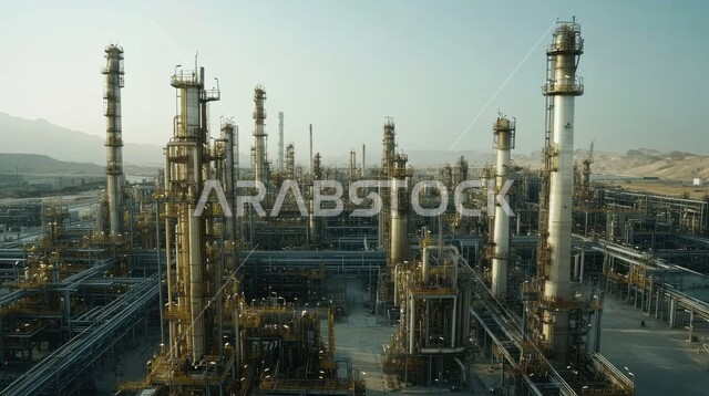 هندسات ومعدات صناعية عملاقة، مصنع تكرير النفط والغاز في المنطقة الصناعية، خطوط الأنابيب والكابلات الفولاذية، صناعات ومشاريع بيتروكيماوية، مجمع صناعي كبير به مداخن عالية تنبعث منها الأدخنة في المملكة العربية السعودية، مستودعات ضخمة و كبيرة