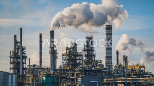 هندسات ومعدات صناعية عملاقة، مصنع تكرير النفط والغاز في المنطقة الصناعية، خطوط الأنابيب والكابلات الفولاذية، صناعات ومشاريع بيتروكيماوية، مجمع صناعي كبير به مداخن عالية تنبعث منها الأدخنة في المملكة العربية السعودية، مستودعات ضخمة و كبيرة