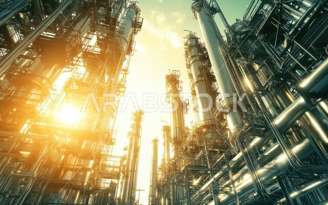 Giant industrial engineering and equipment, oil and gas refinery in industrial area, steel pipelines and cables, petrochemical industries and projects, large industrial complex with tall smoke chimneys in Saudi Arabia, huge and large warehouses